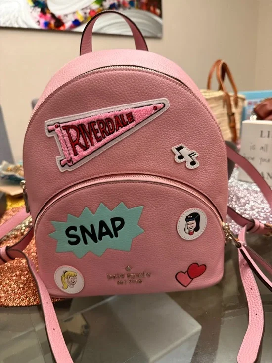 kate spade pink Riverdale backpack with mint SNAP patch and playful decals - Picture 2 of 7